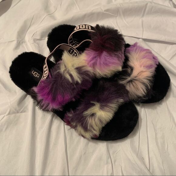 Ugg Women’s Fluffy Purple Black Furry Wool Sandals Slippers Slingbacks NWOT